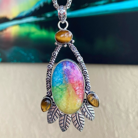 925 sterling silver overlay Rainbow solar quartz tiger eye stone charm necklace - Picture 11 of 13